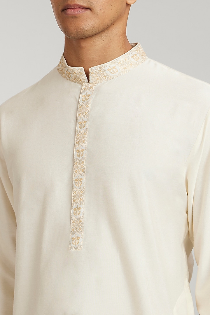 Ivory & Beige Cotton Silk Printed Kurta Set by Bubber Couture at Pernia's Pop Up Shop
