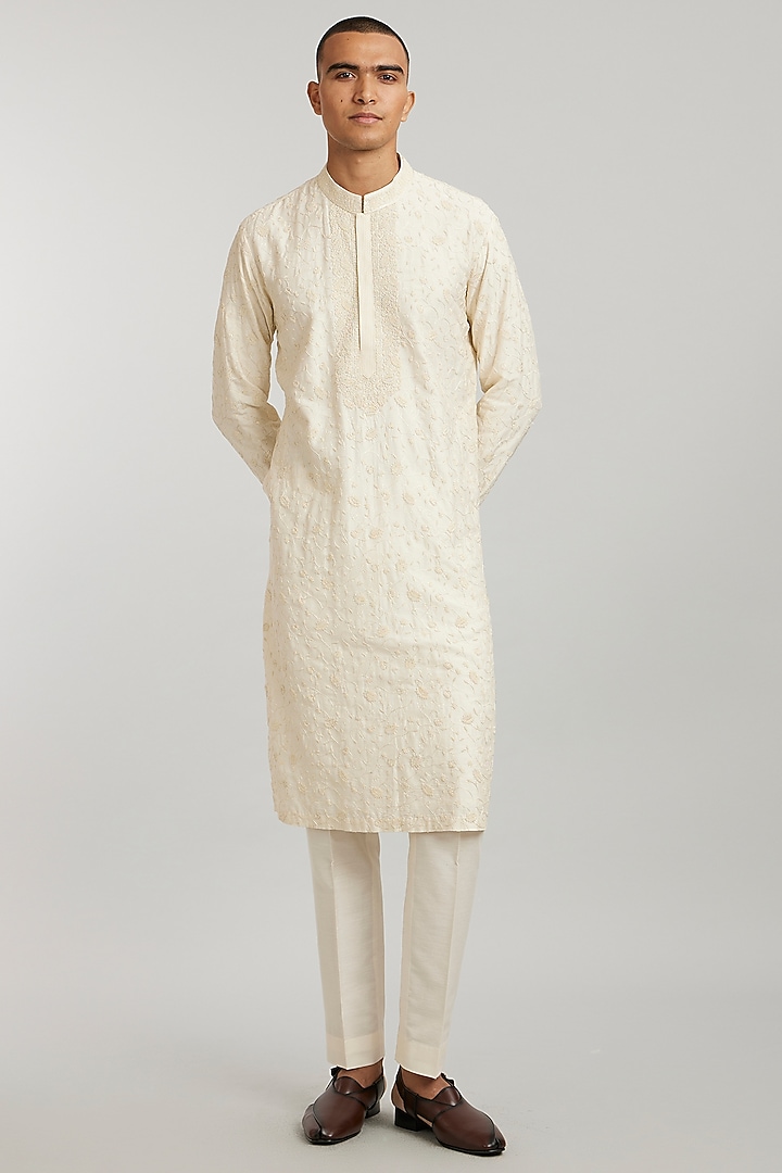 Ivory Cotton Silk Embroidered Kurta Set by Bubber Couture at Pernia's Pop Up Shop