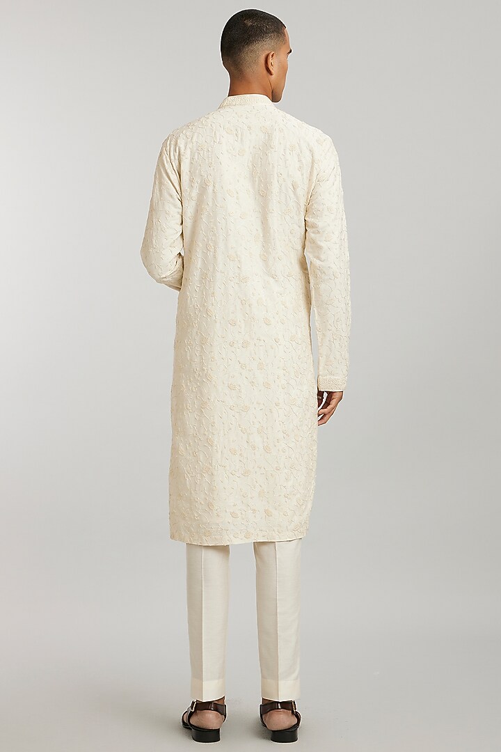 Ivory Cotton Silk Embroidered Kurta Set by Bubber Couture at Pernia's Pop Up Shop