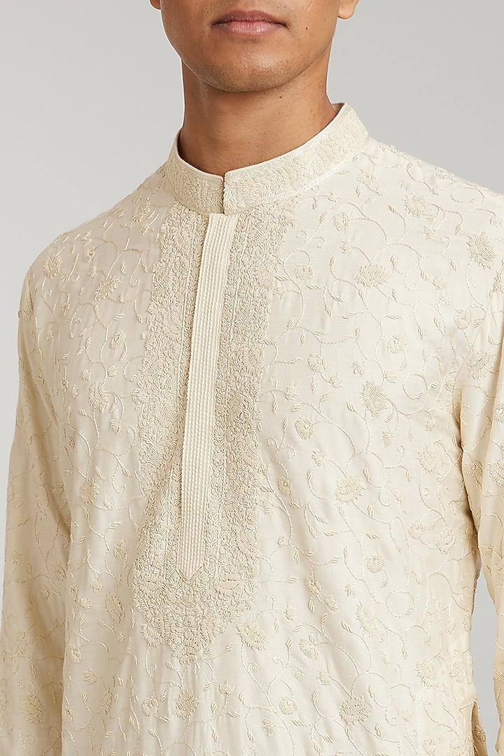 Ivory Cotton Silk Embroidered Kurta Set by Bubber Couture at Pernia's Pop Up Shop