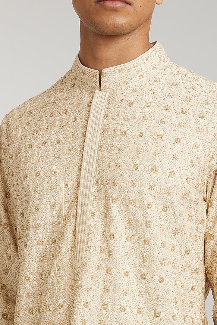 Ecru Cotton Silk Embroidered Kurta Set by Bubber Couture at Pernia's Pop Up Shop