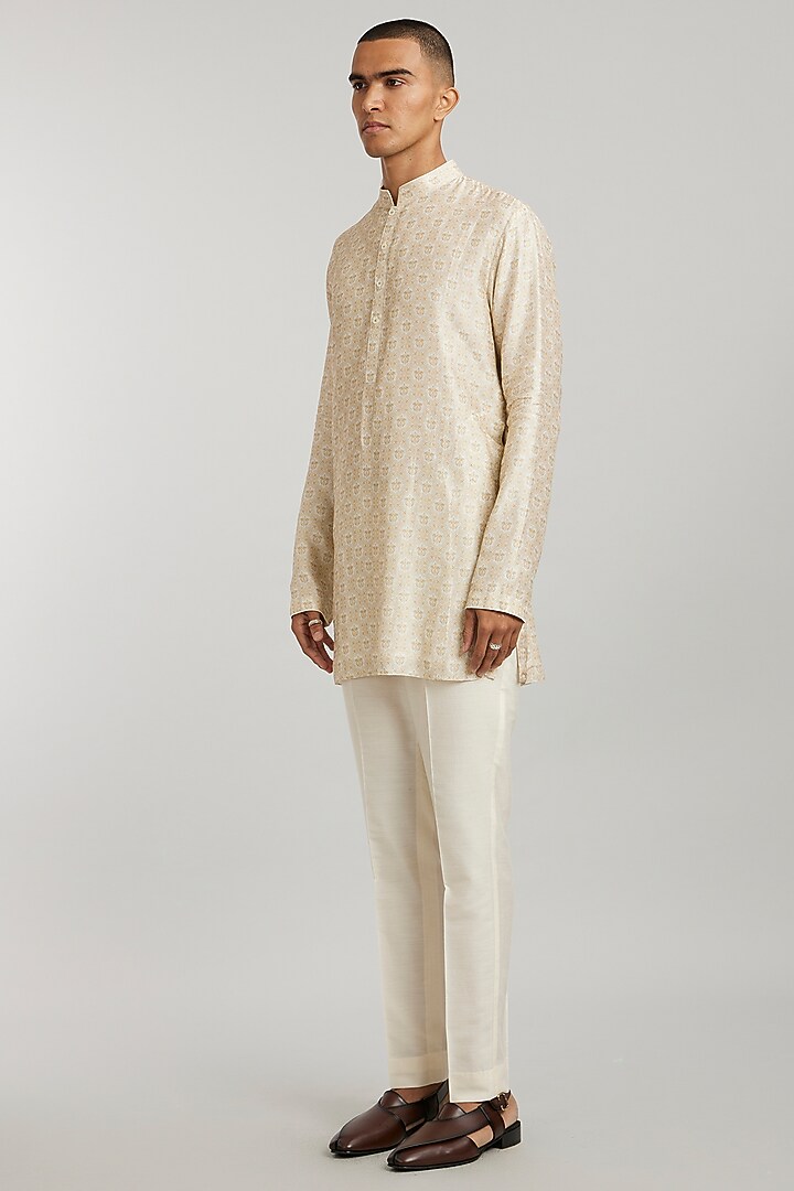 Ivory Flat Raw Silk Printed Kurta Set by Bubber Couture at Pernia's Pop Up Shop