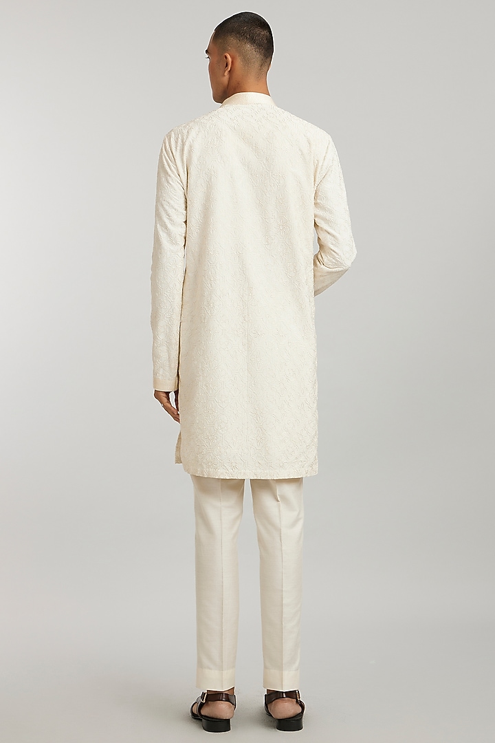 Ivory Cotton Silk Embroidered Kurta Set by Bubber Couture at Pernia's Pop Up Shop