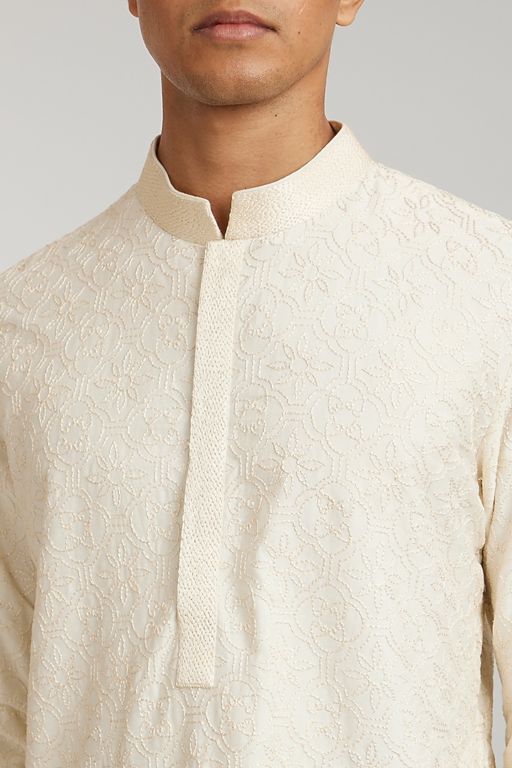 Ivory Cotton Silk Embroidered Kurta Set by Bubber Couture at Pernia's Pop Up Shop