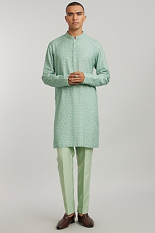 Sage Green Textured Cotton Printed Kurta Set by Bubber Couture