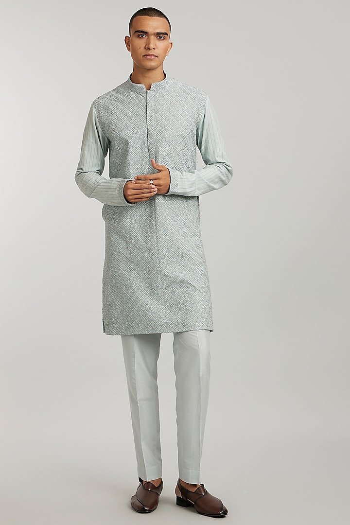 Grey Cotton Silk Embroidered Kurta Set by Bubber Couture