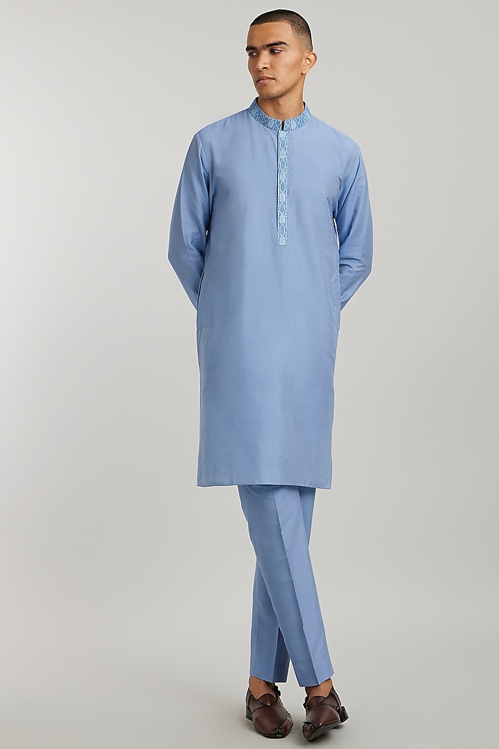 Teal Textured Cotton Printed Kurta Set by Bubber Couture