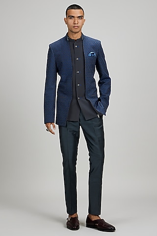 Charcoal & Teal Crepe Wool Embroidered Bandhgala Jacket by Bubber Couture