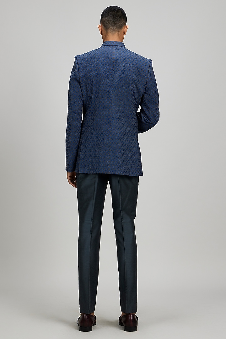 Charcoal & Teal Crepe Wool Embroidered Groom Bandhgala Jacket by Bubber Couture at Pernia's Pop Up Shop