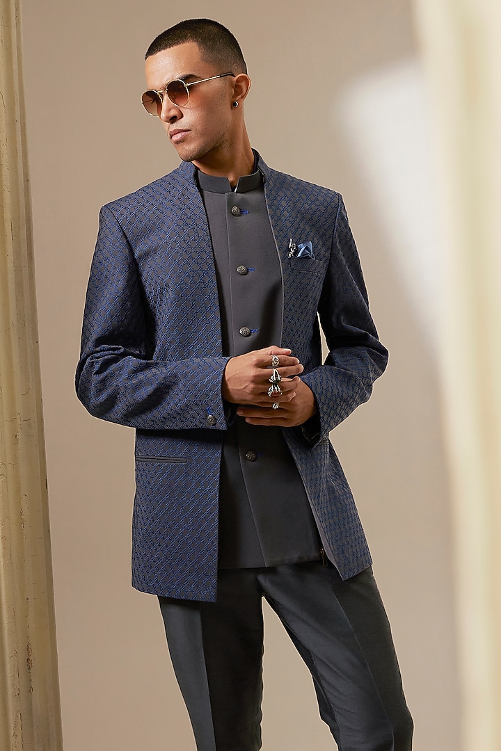 Charcoal & Teal Crepe Wool Embroidered Groom Bandhgala Jacket by Bubber Couture at Pernia's Pop Up Shop