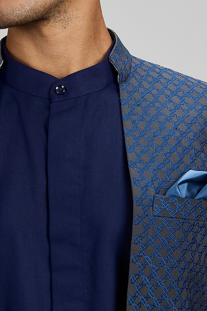 Charcoal & Teal Crepe Wool Embroidered Groom Bandhgala Jacket by Bubber Couture at Pernia's Pop Up Shop