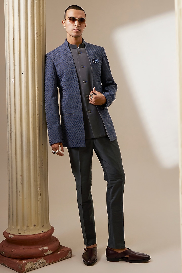 Charcoal & Teal Crepe Wool Embroidered Groom Bandhgala Jacket by Bubber Couture at Pernia's Pop Up Shop