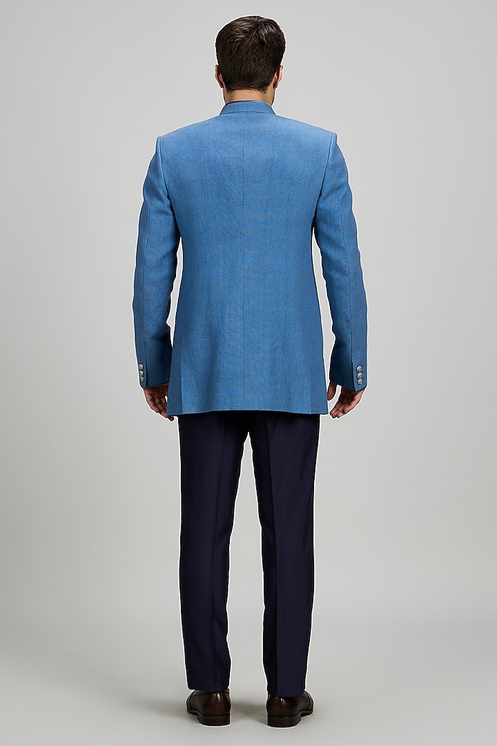 Ash Blue Matka Silk Embroidered Groom Bandhgala Jacket by Bubber Couture at Pernia's Pop Up Shop