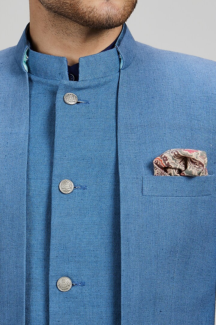 Ash Blue Matka Silk Embroidered Groom Bandhgala Jacket by Bubber Couture at Pernia's Pop Up Shop