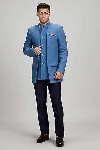 Ash Blue Matka Silk Embroidered Bandhgala Jacket by Bubber Couture