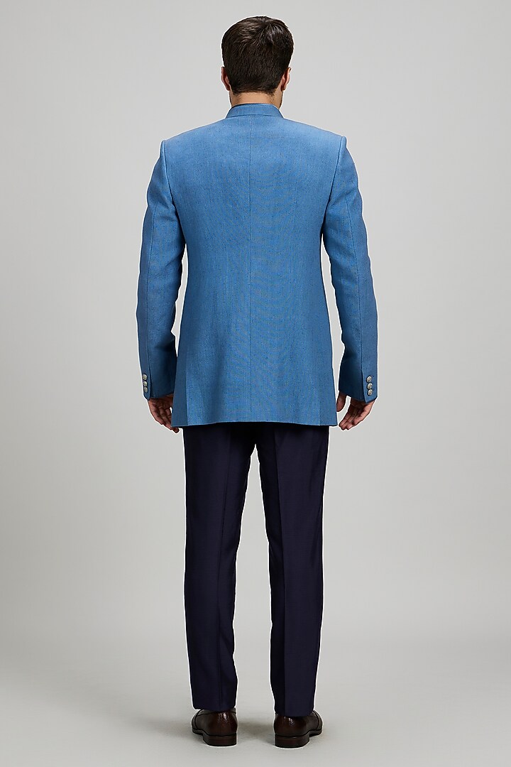 Ash Blue Matka Silk Embroidered Groom Bandhgala Jacket by Bubber Couture at Pernia's Pop Up Shop