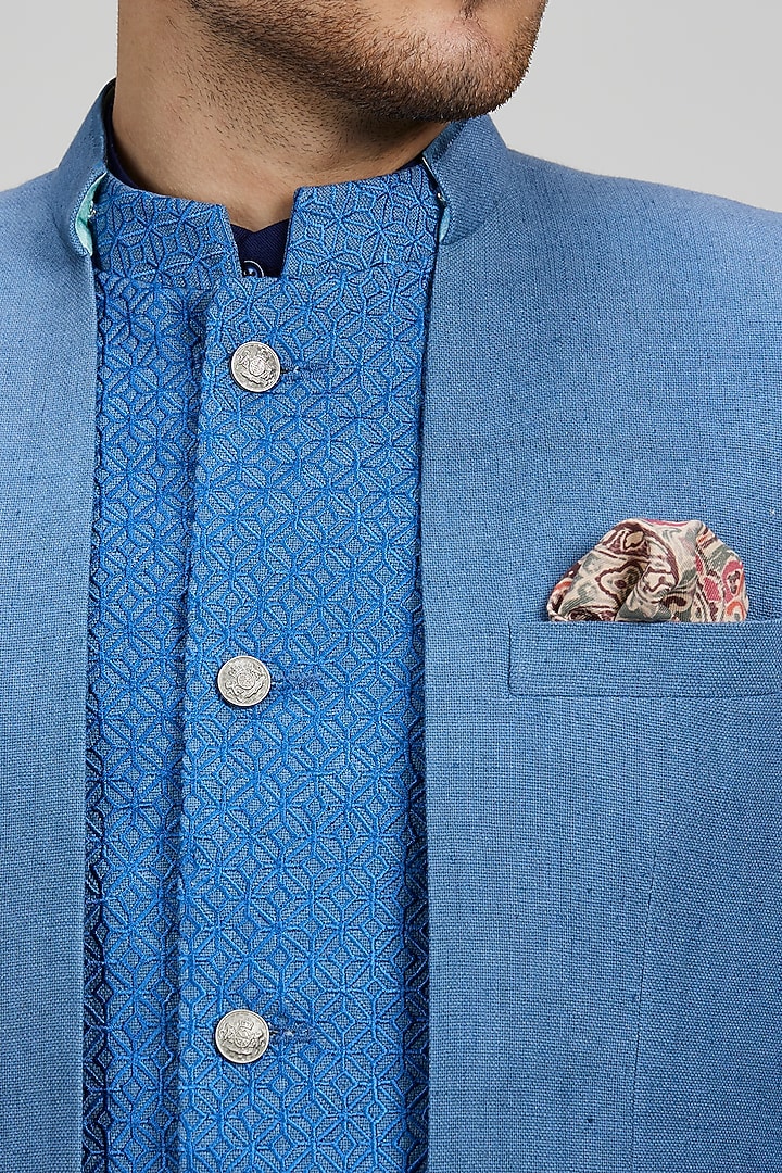 Ash Blue Matka Silk Embroidered Groom Bandhgala Jacket by Bubber Couture at Pernia's Pop Up Shop