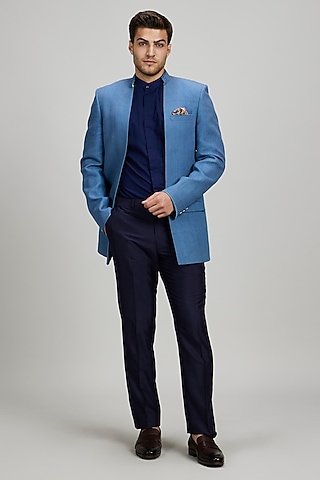 Ash Blue Matka Silk Embroidered Bandhgala Jacket by Bubber Couture