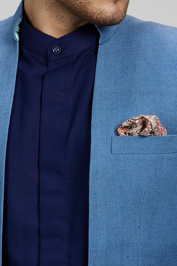 Ash Blue Matka Silk Embroidered Groom Bandhgala Jacket by Bubber Couture at Pernia's Pop Up Shop