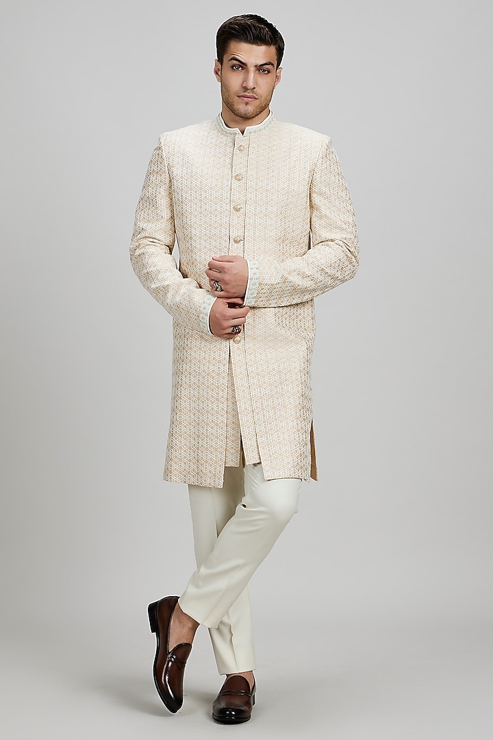 Taupe & Cream Chaniya Silk Embroidered Layered Sherwani by Bubber Couture