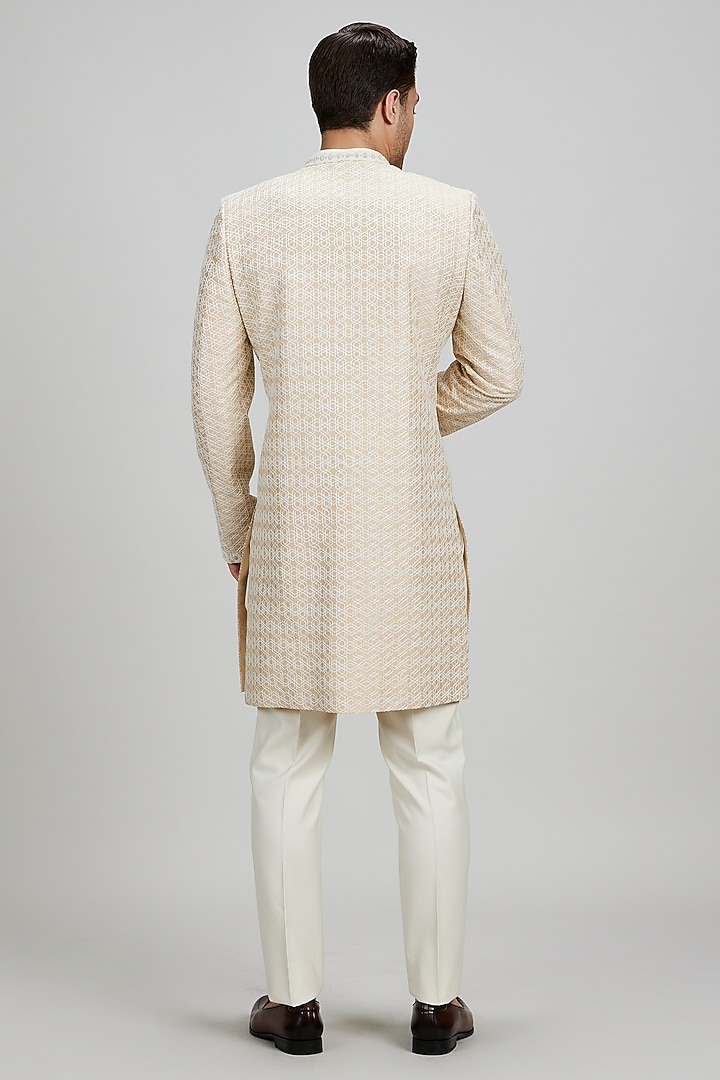 Taupe & Cream Chaniya Silk Embroidered Layered Groom Sherwani by Bubber Couture at Pernia's Pop Up Shop