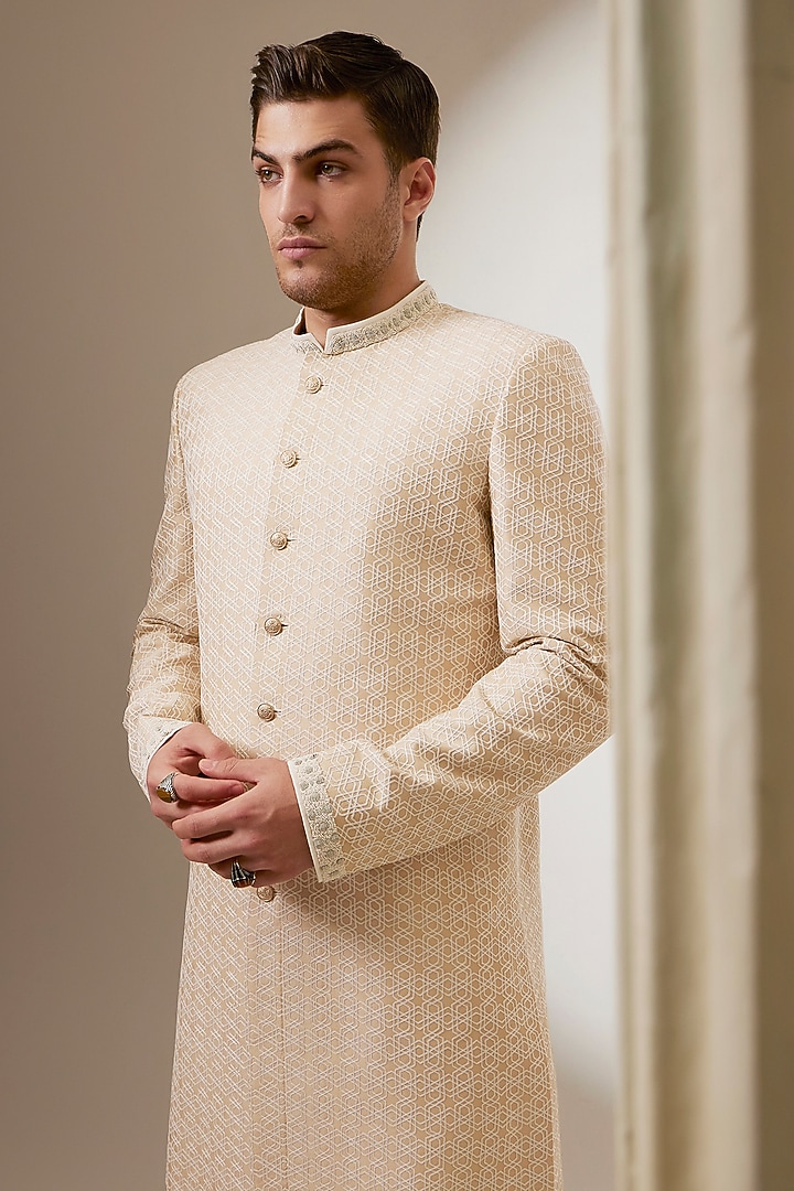 Taupe & Cream Chaniya Silk Embroidered Layered Groom Sherwani by Bubber Couture at Pernia's Pop Up Shop