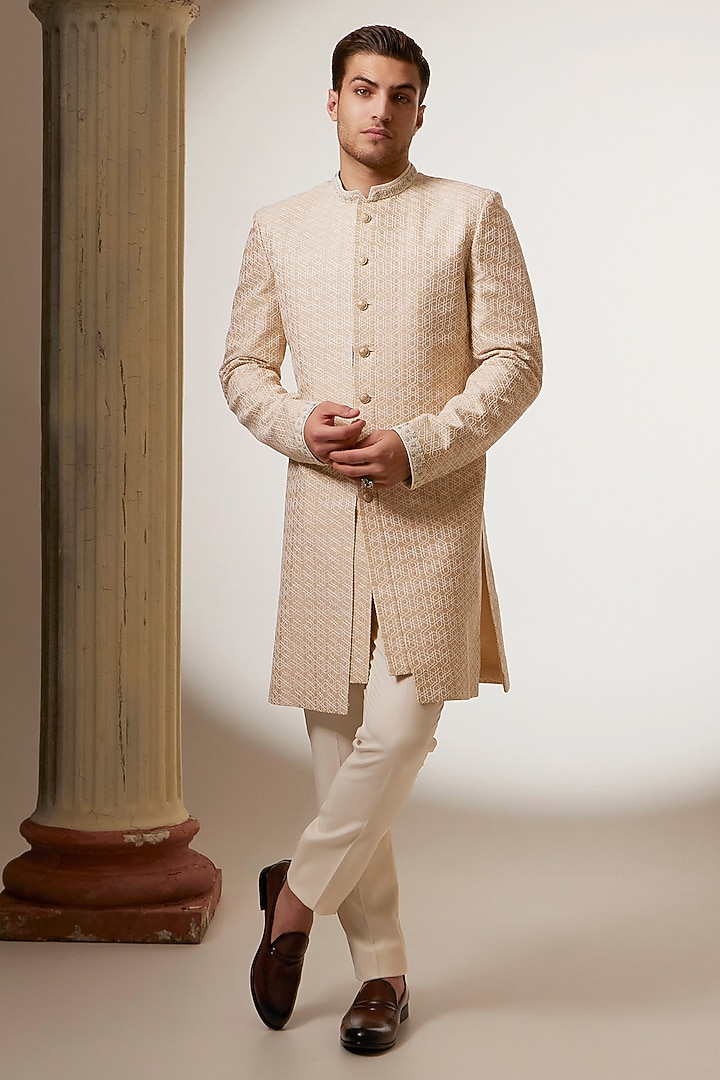 Taupe & Cream Chaniya Silk Embroidered Layered Groom Sherwani by Bubber Couture at Pernia's Pop Up Shop