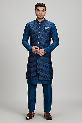 Teal Flat Raw Silk Sleeveless Layered Sherwani by Bubber Couture