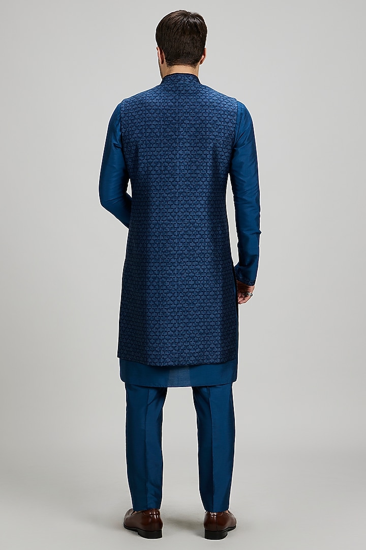 Teal Flat Raw Silk Sleeveless Layered Wedding Sherwani by Bubber Couture at Pernia's Pop Up Shop