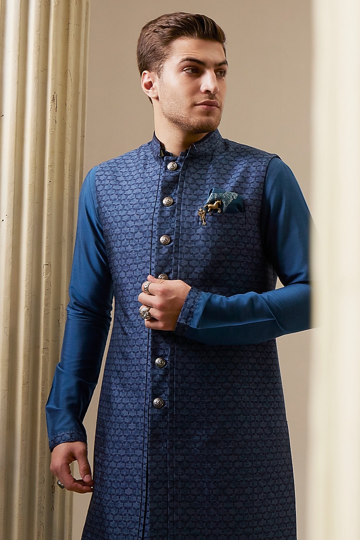 Teal Flat Raw Silk Sleeveless Layered Wedding Sherwani by Bubber Couture at Pernia's Pop Up Shop