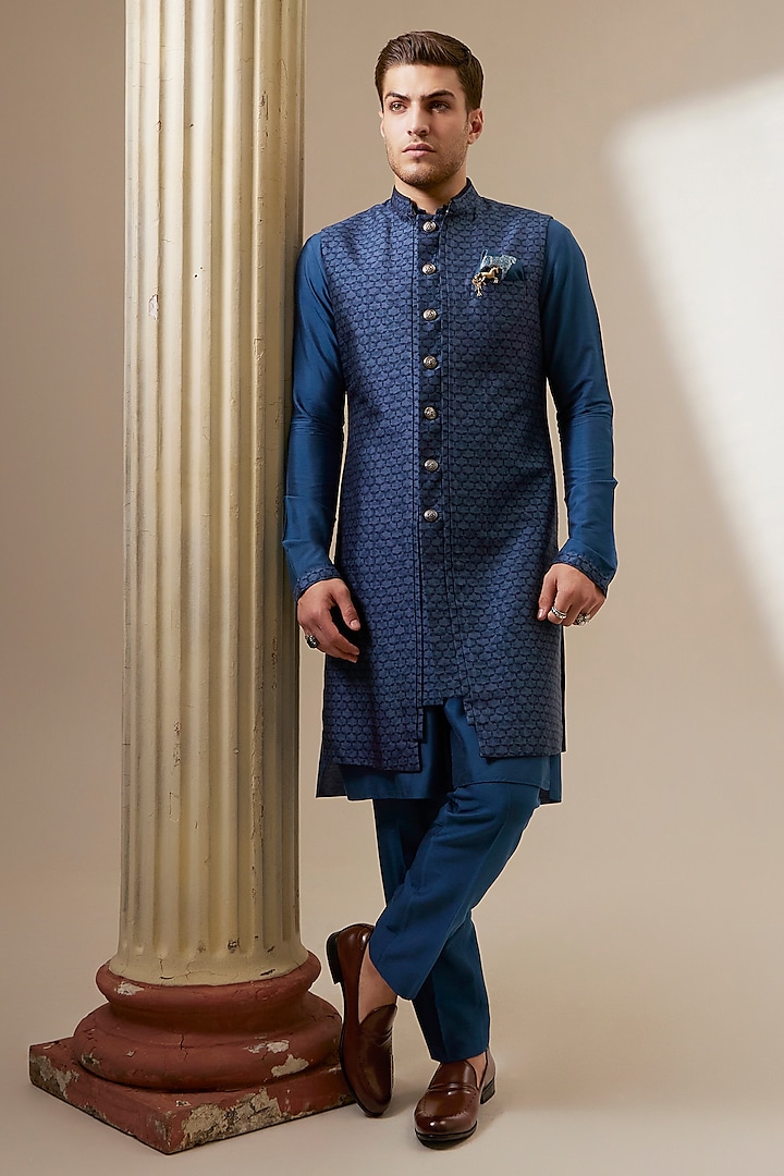 Teal Flat Raw Silk Sleeveless Layered Wedding Sherwani by Bubber Couture at Pernia's Pop Up Shop