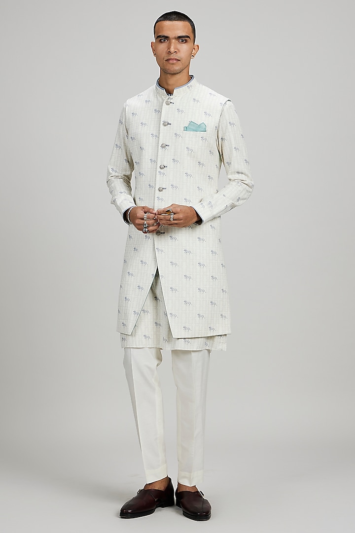 Cream Textured Cotton Sleeveless Sherwani by Bubber Couture