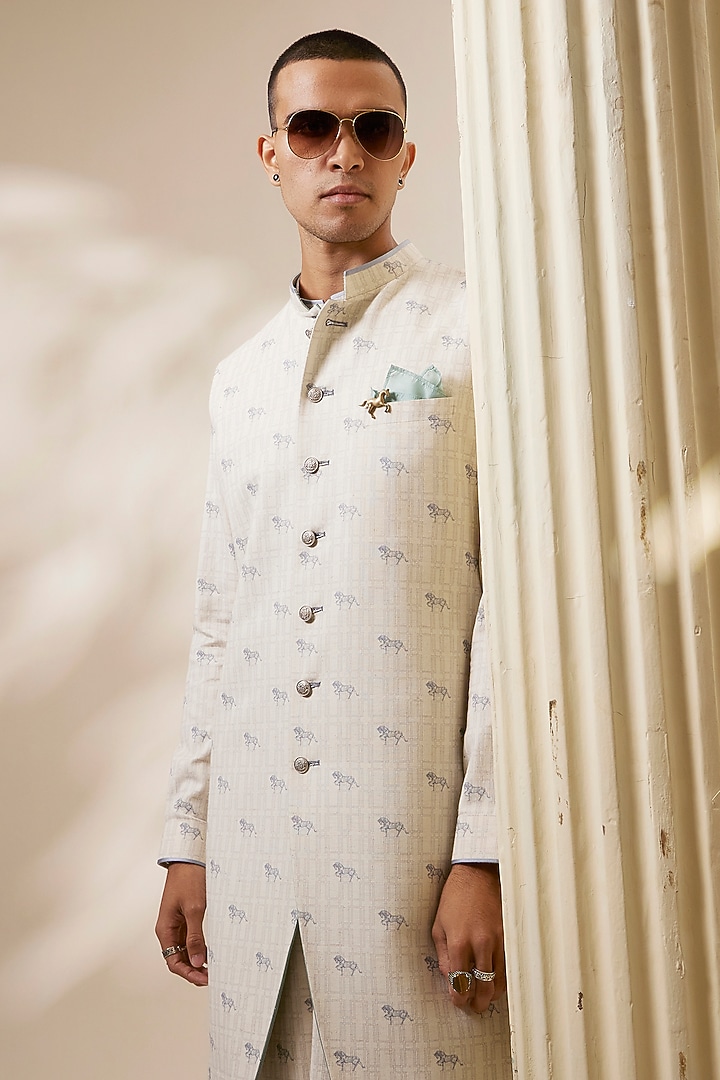 Cream Textured Cotton Sleeveless Wedding Sherwani by Bubber Couture at Pernia's Pop Up Shop