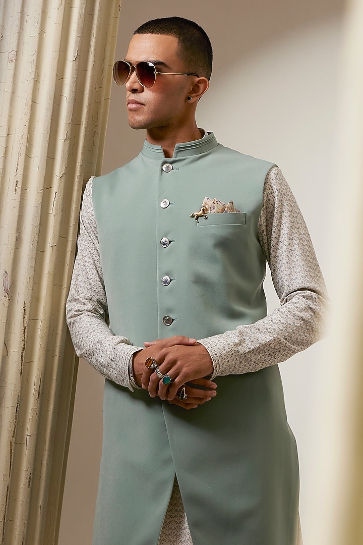 Sage Crepe Wool Sleeveless Wedding Sherwani by Bubber Couture at Pernia's Pop Up Shop