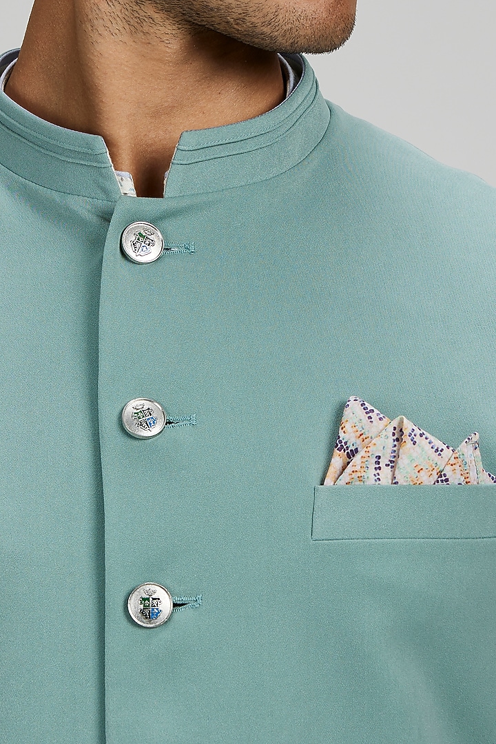 Sage Crepe Wool Sleeveless Wedding Sherwani by Bubber Couture at Pernia's Pop Up Shop