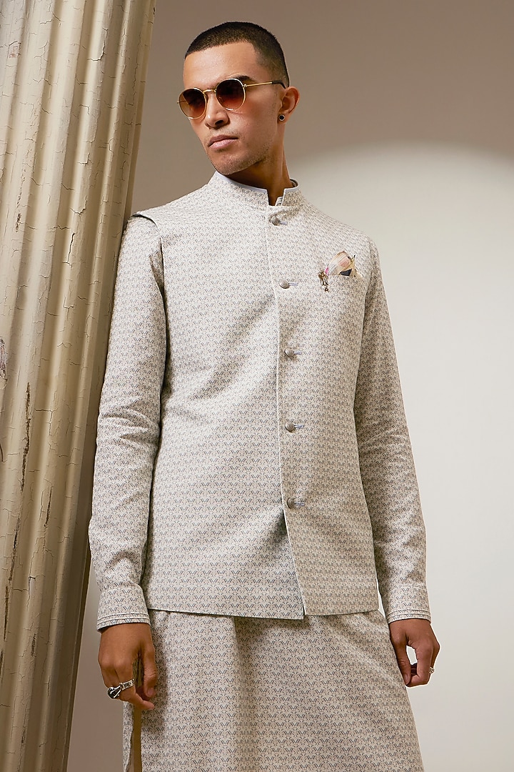 Off-White Textured Cotton Printed Bundi Jacket by Bubber Couture at Pernia's Pop Up Shop