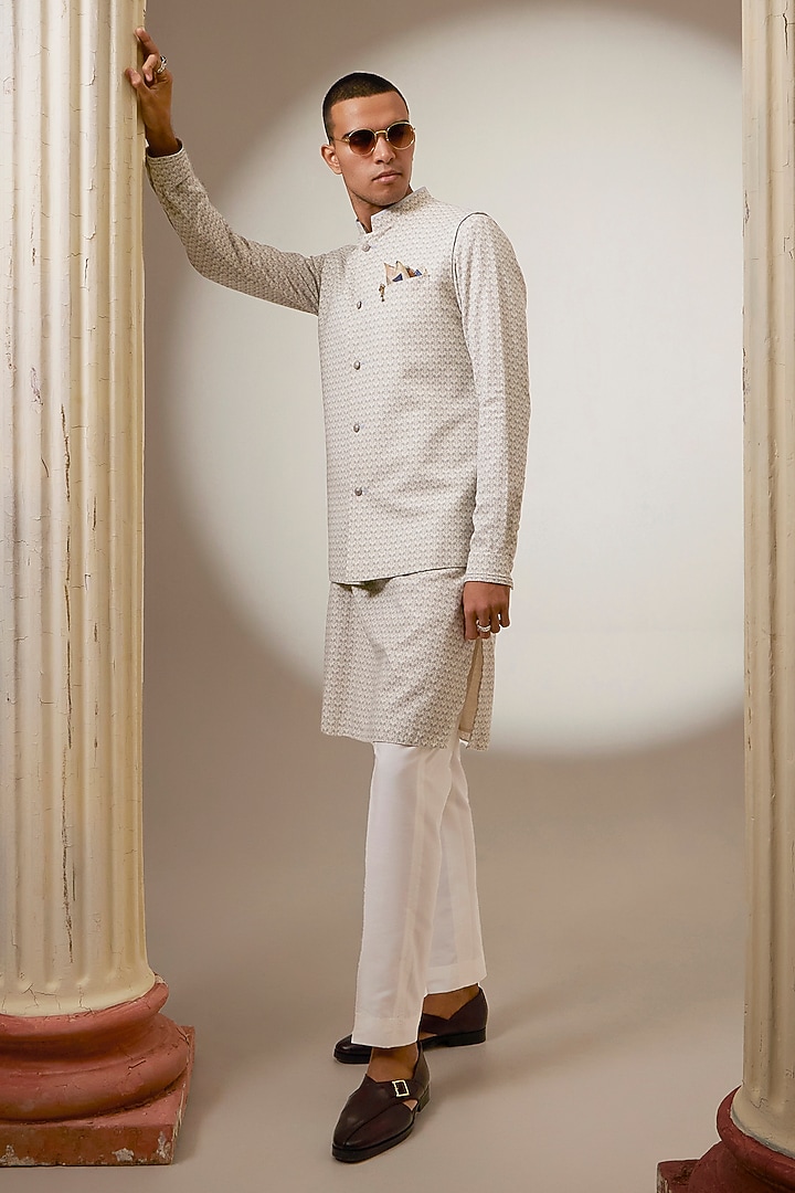 Off-White Textured Cotton Printed Bundi Jacket by Bubber Couture at Pernia's Pop Up Shop