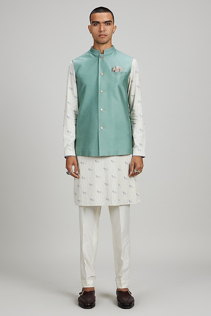 Sage Jacquard Silk Printed Bundi Jacket by Bubber Couture