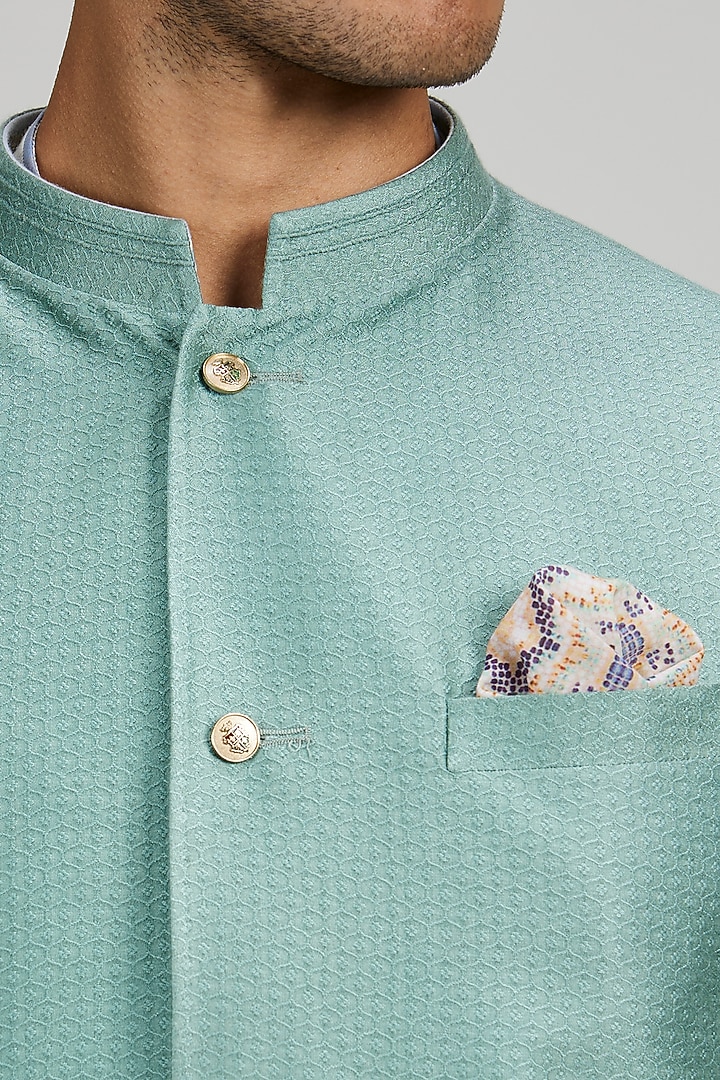 Sage Jacquard Silk Printed Bundi Jacket by Bubber Couture at Pernia's Pop Up Shop