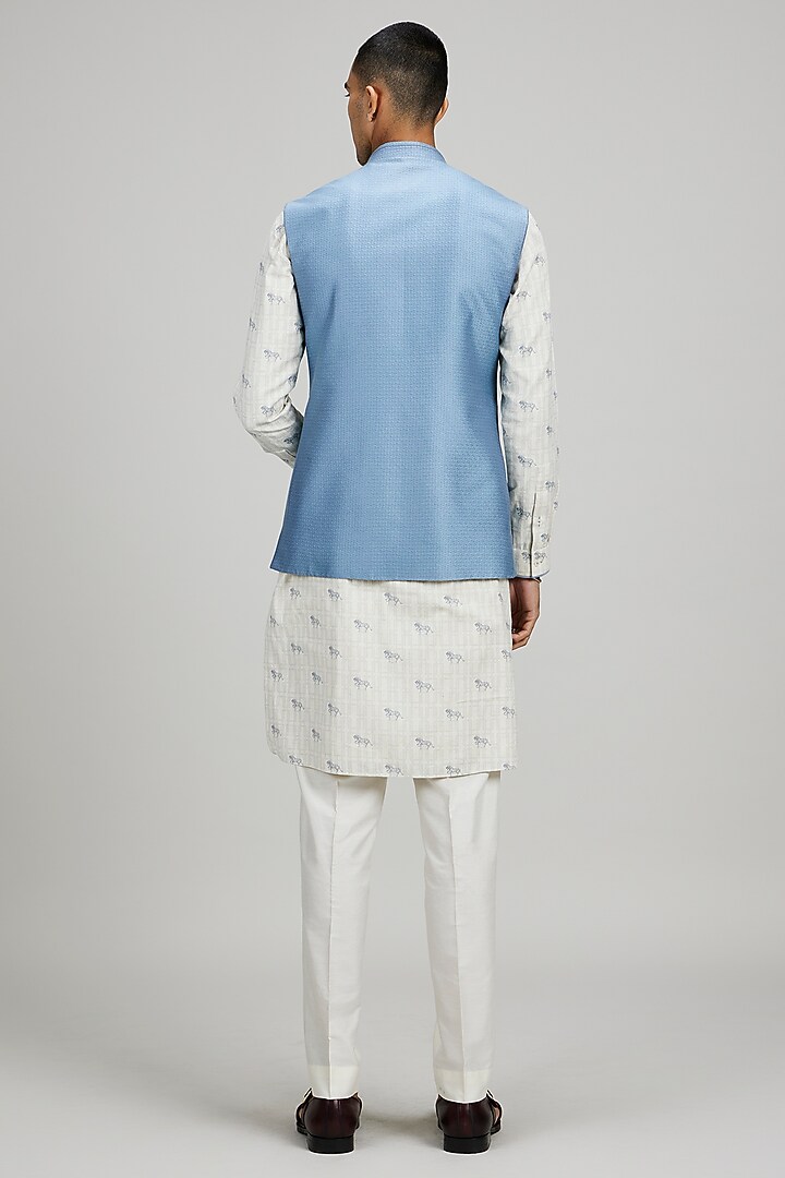 Ash Blue Jacquard Silk Printed Bundi Jacket by Bubber Couture at Pernia's Pop Up Shop