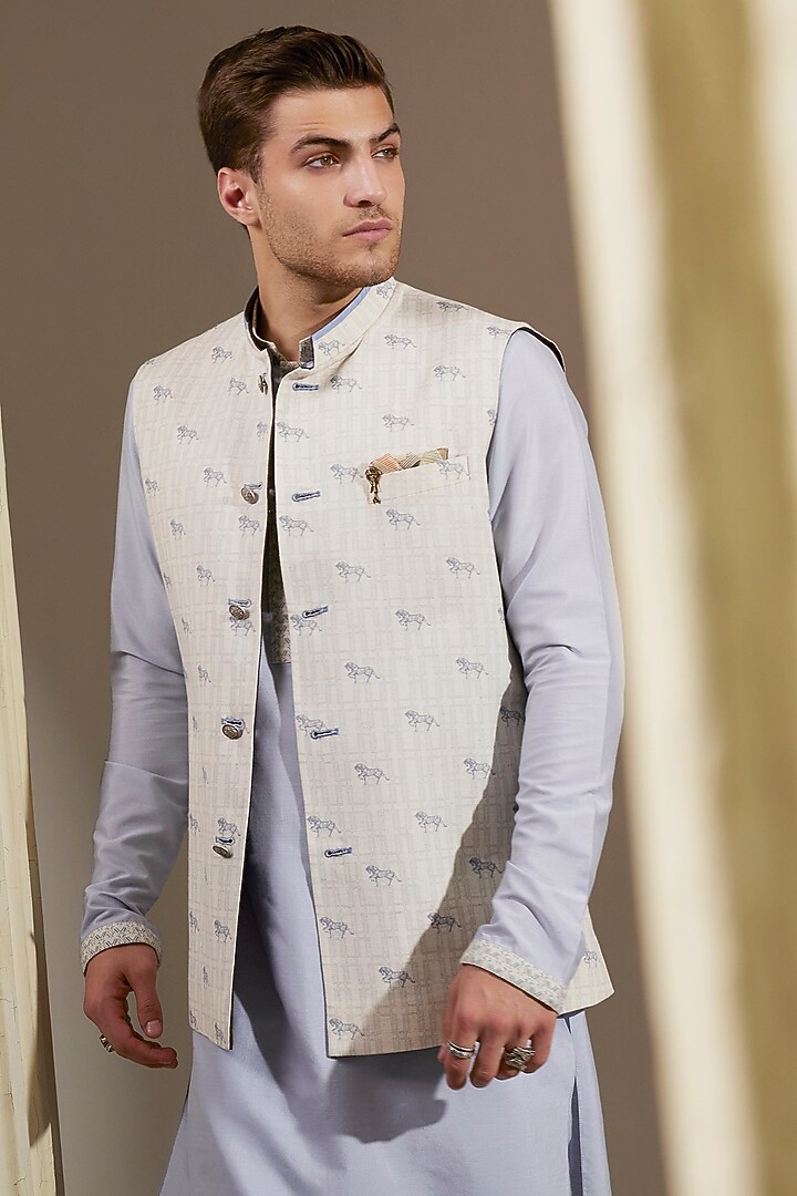 Cream Textured Cotton Bundi Jacket by Bubber Couture at Pernia's Pop Up Shop