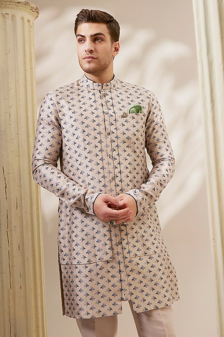 Taupe Textured Cotton Printed Layered Kurta Set by Bubber Couture at Pernia's Pop Up Shop