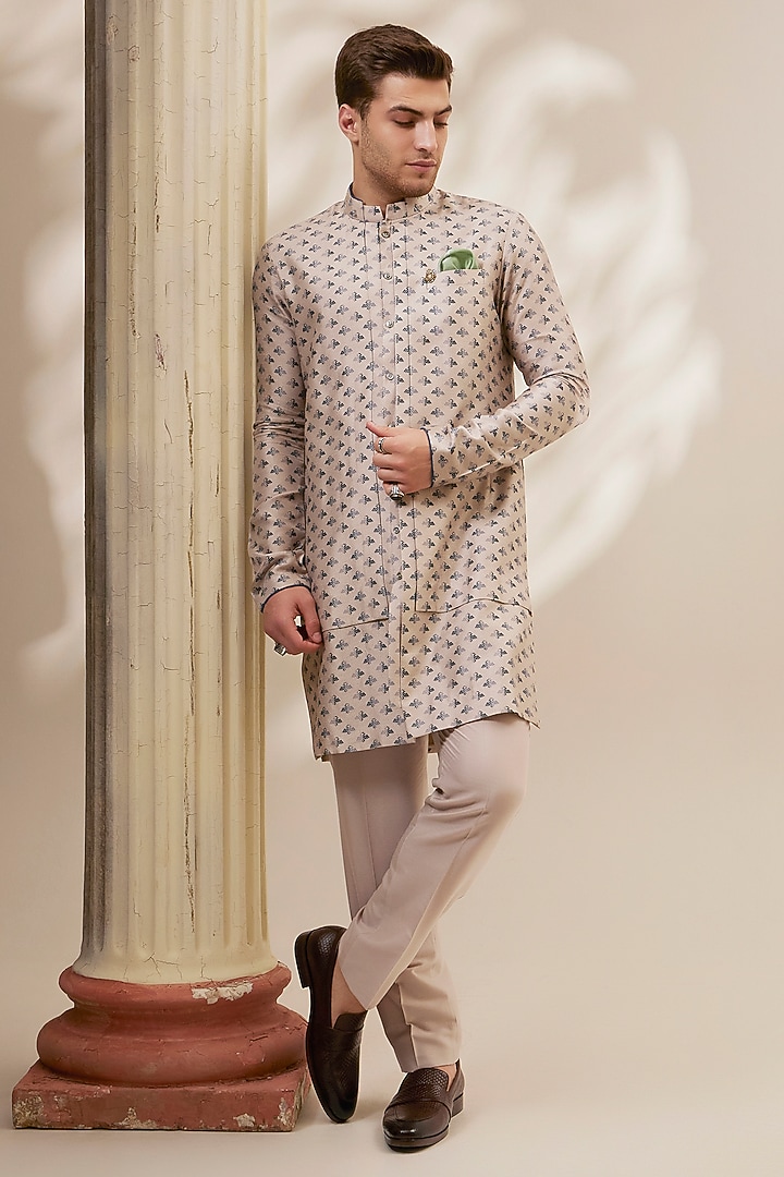 Taupe Textured Cotton Printed Layered Kurta Set by Bubber Couture at Pernia's Pop Up Shop