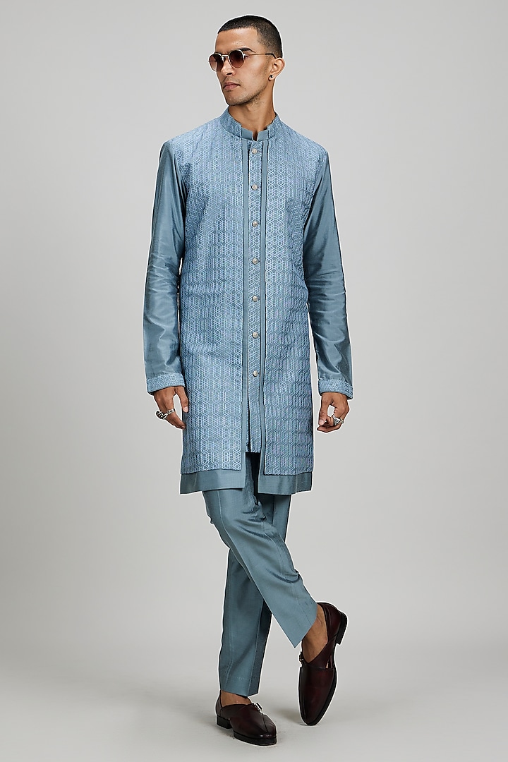 Teal Cotton Silk Embroidered Layered Kurta Set by Bubber Couture at Pernia's Pop Up Shop