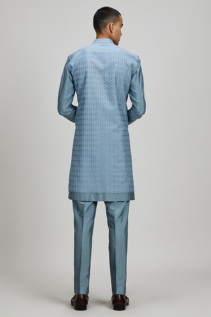 Teal Cotton Silk Embroidered Layered Kurta Set by Bubber Couture at Pernia's Pop Up Shop