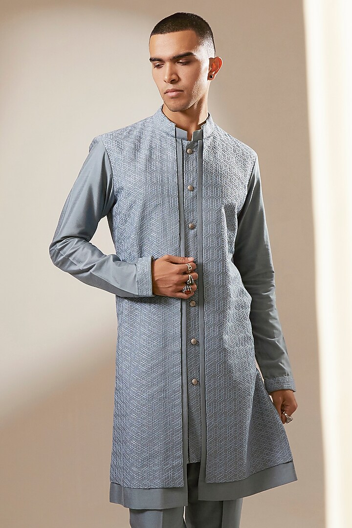 Teal Cotton Silk Embroidered Layered Kurta Set by Bubber Couture at Pernia's Pop Up Shop