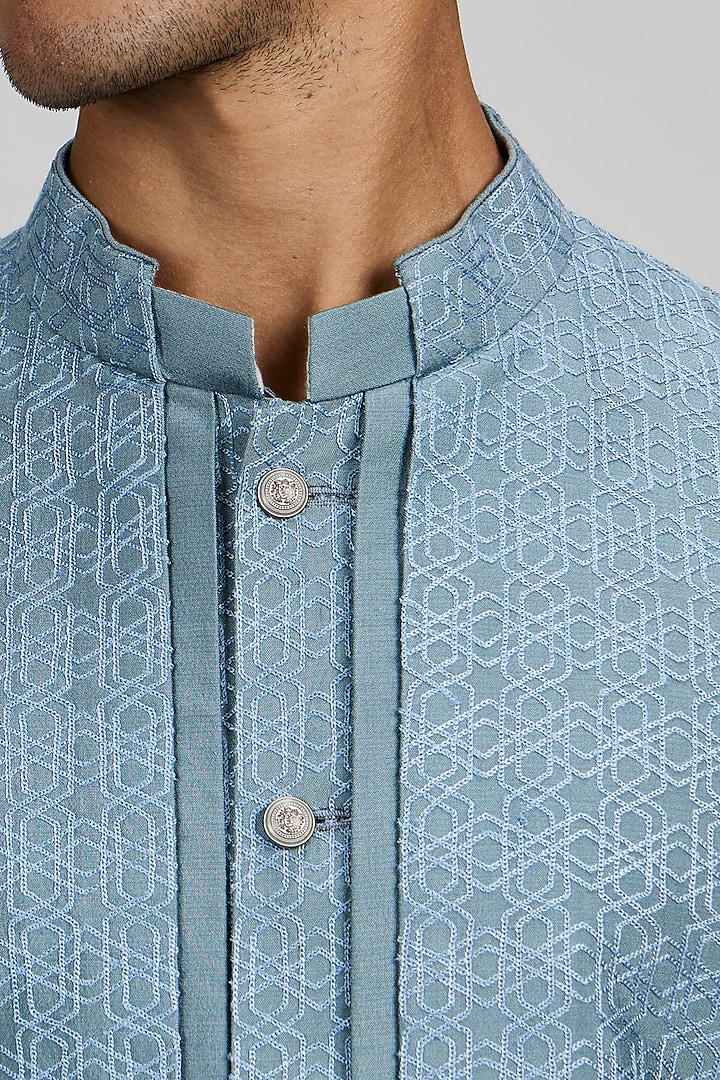 Teal Cotton Silk Embroidered Layered Kurta Set by Bubber Couture at Pernia's Pop Up Shop