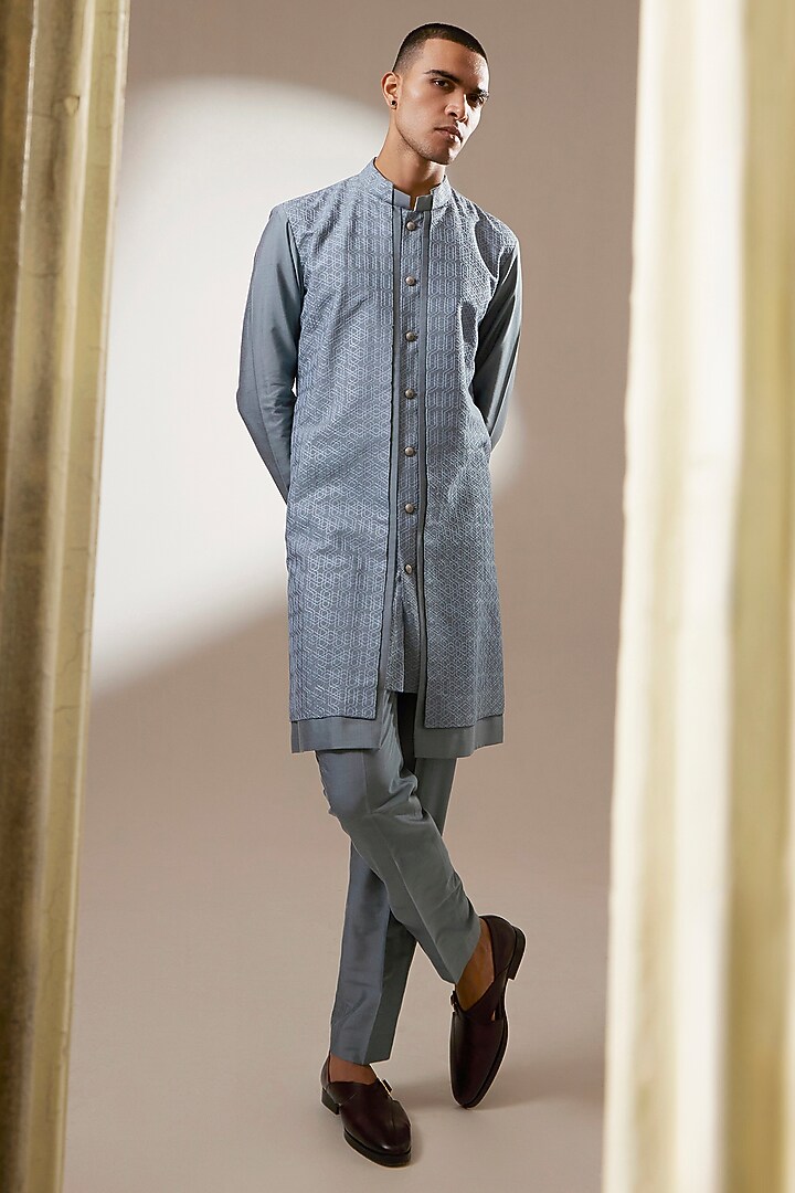 Teal Cotton Silk Embroidered Layered Kurta Set by Bubber Couture at Pernia's Pop Up Shop