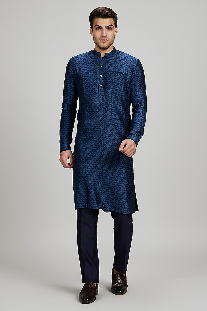 Teal Flat Raw Silk Printed Kurta Set by Bubber Couture