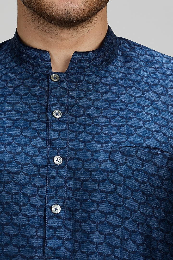 Teal Flat Raw Silk Printed Kurta Set by Bubber Couture at Pernia's Pop Up Shop